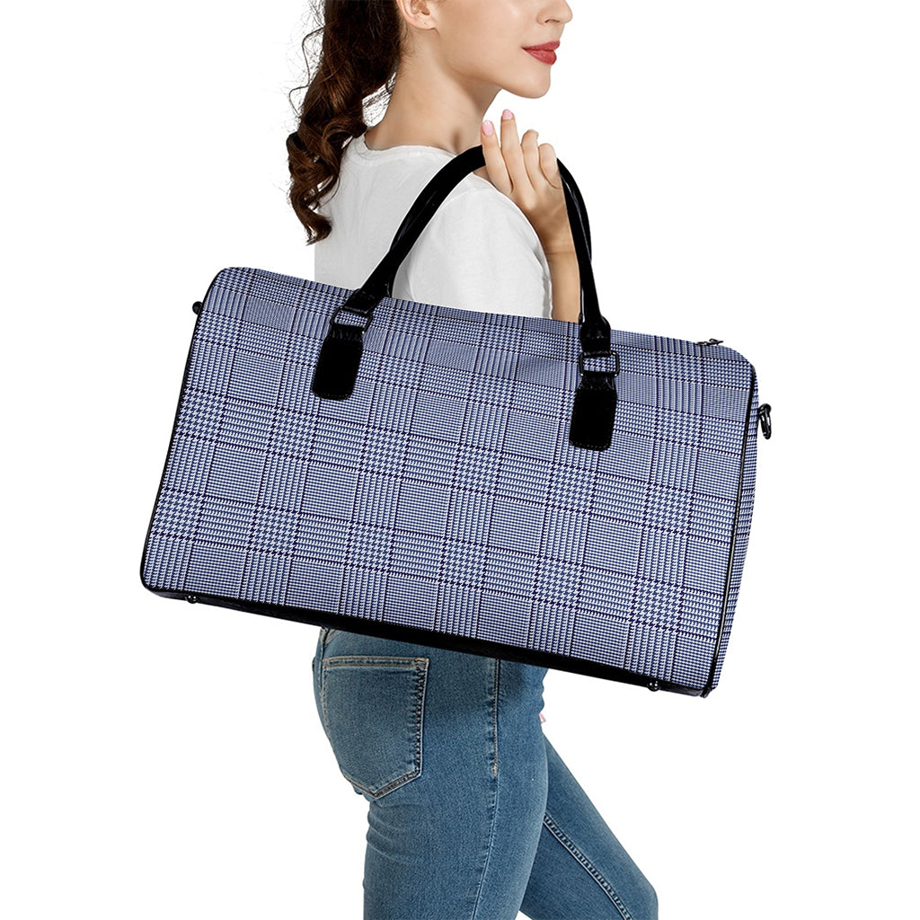 Blue Prince of Wales Check Print Leather Duffle Bag