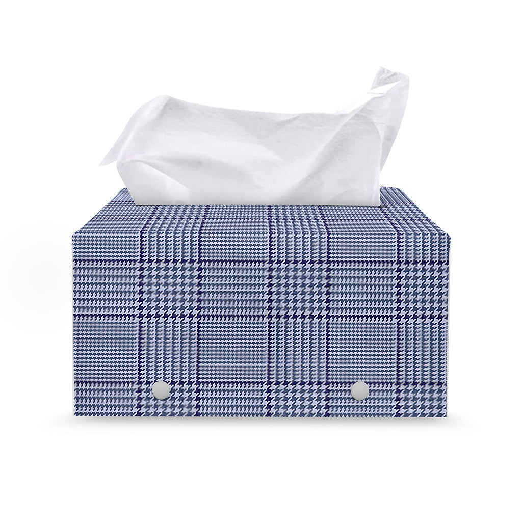 Blue Prince of Wales Check Print Leather Tissue Box Cover