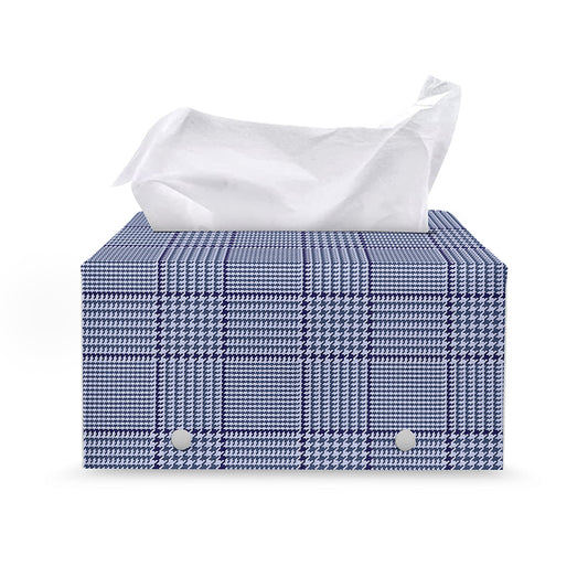Blue Prince of Wales Check Print Leather Tissue Box Cover