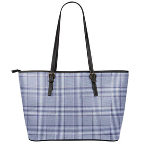 Blue Prince of Wales Check Print Leather Tote Bag