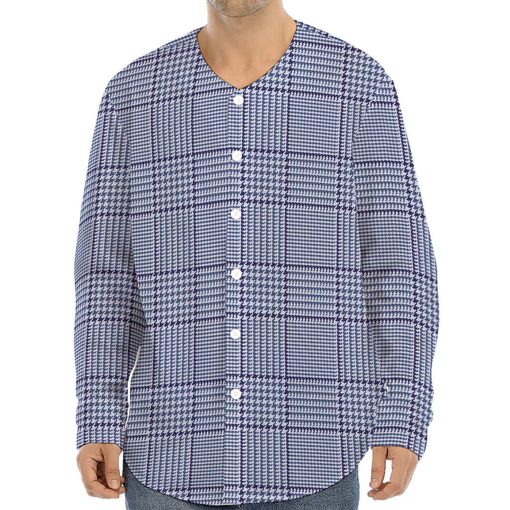 Blue Prince of Wales Check Print Long Sleeve Baseball Jersey