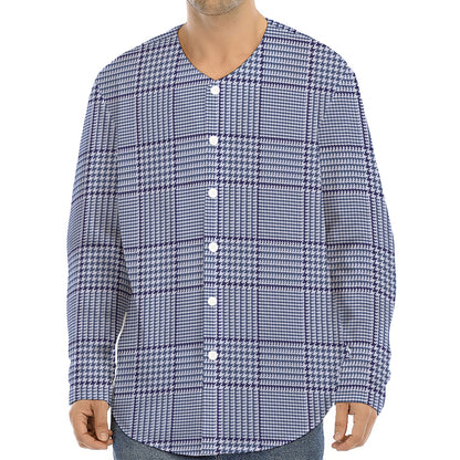Blue Prince of Wales Check Print Long Sleeve Baseball Jersey