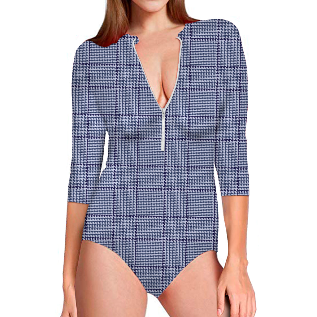 Blue Prince of Wales Check Print Long Sleeve Swimsuit