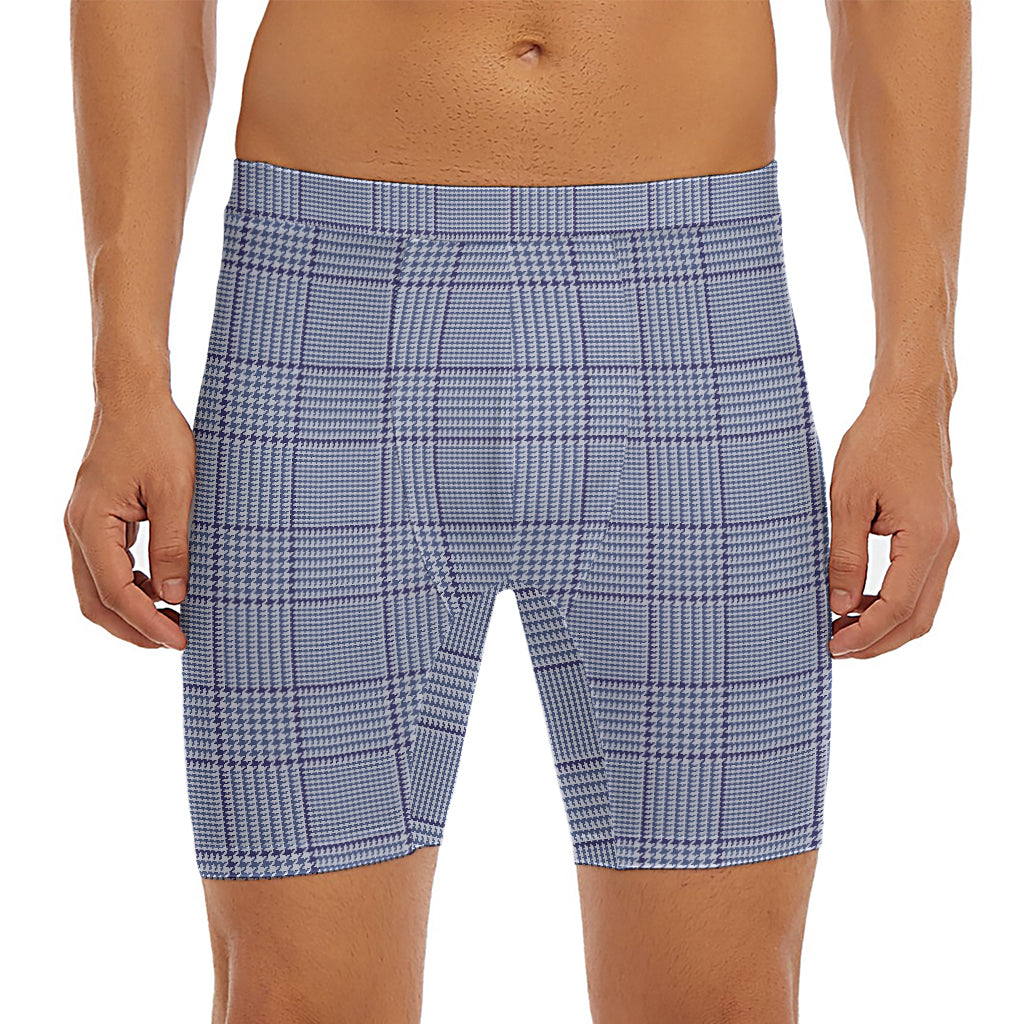 Blue Prince of Wales Check Print Men's Long Boxer Briefs