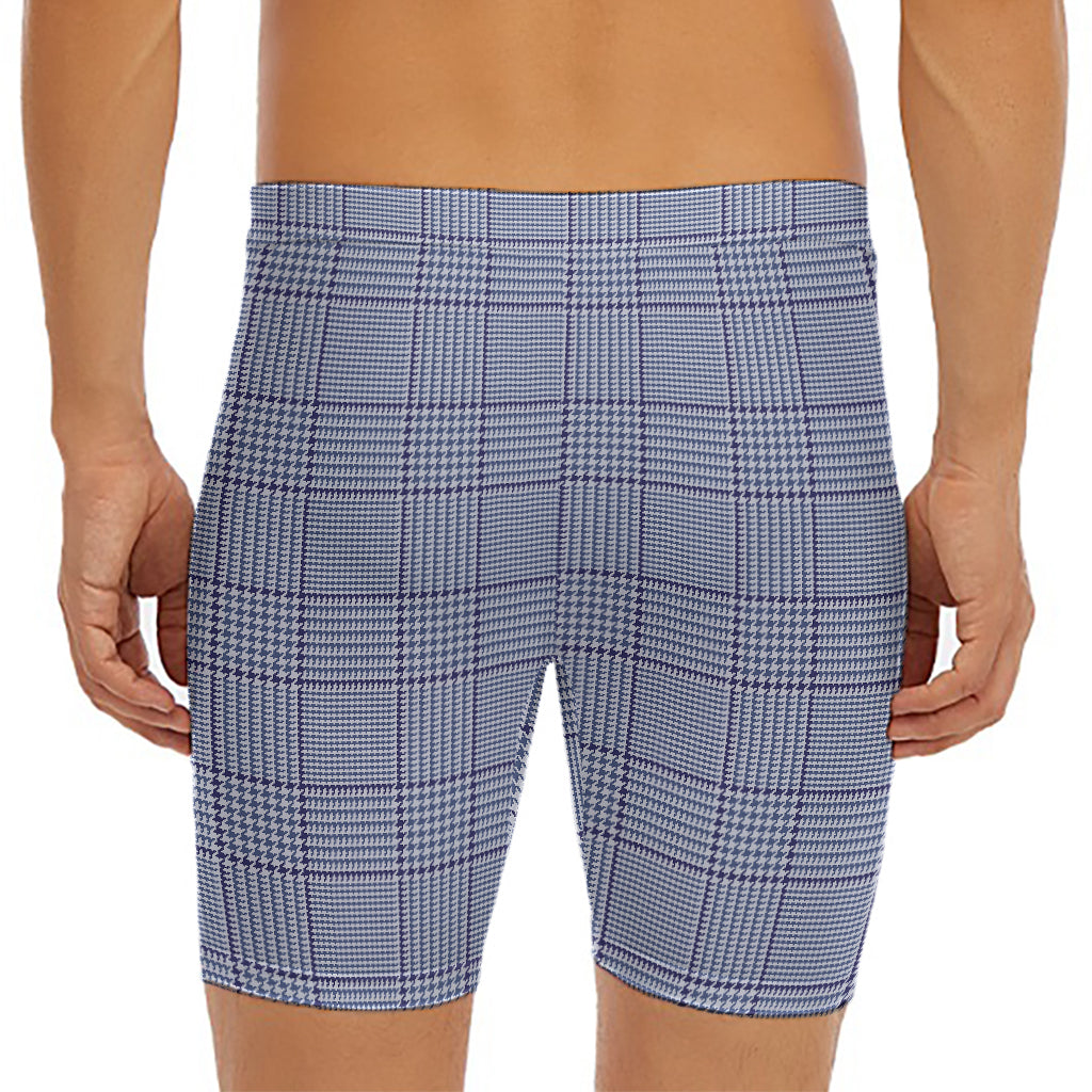 Blue Prince of Wales Check Print Men's Long Boxer Briefs