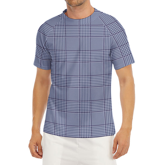 Blue Prince of Wales Check Print Men's Short Sleeve Rash Guard