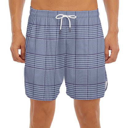 Blue Prince of Wales Check Print Men's Split Running Shorts