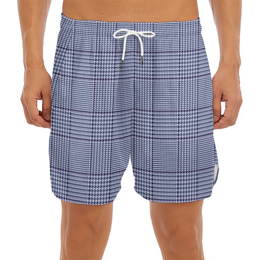 Blue Prince of Wales Check Print Men's Split Running Shorts
