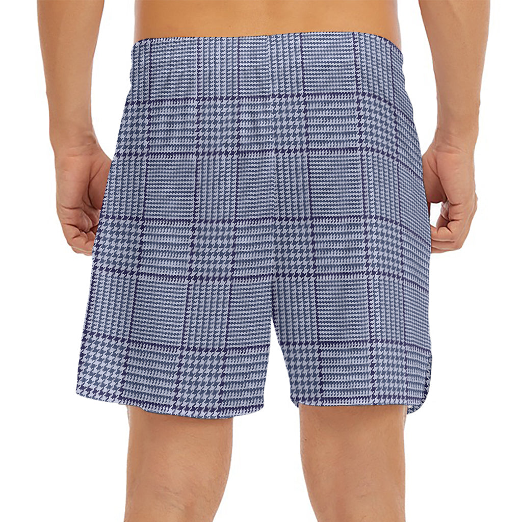 Blue Prince of Wales Check Print Men's Split Running Shorts