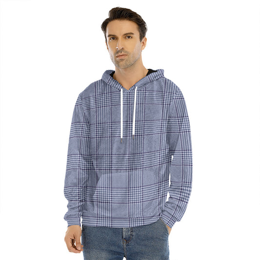 Blue Prince of Wales Check Print Men's Velvet Pullover Hoodie