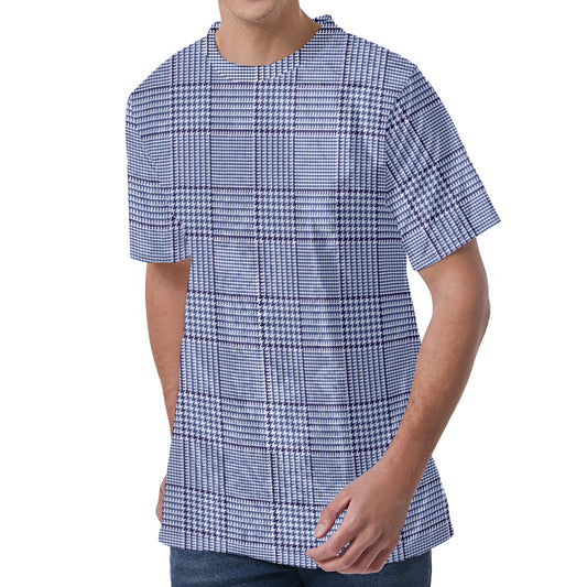 Blue Prince of Wales Check Print Men's Velvet T-Shirt
