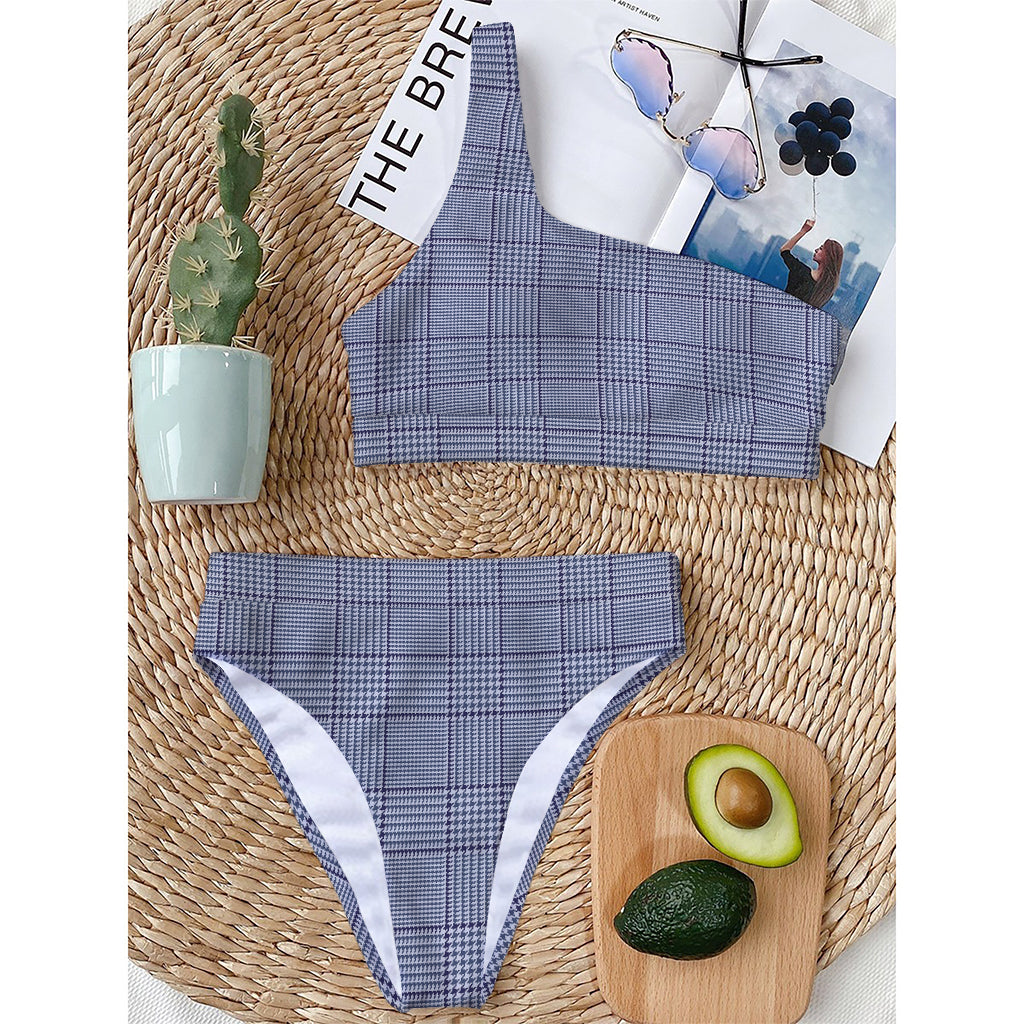 Blue Prince of Wales Check Print One Shoulder Bikini Top