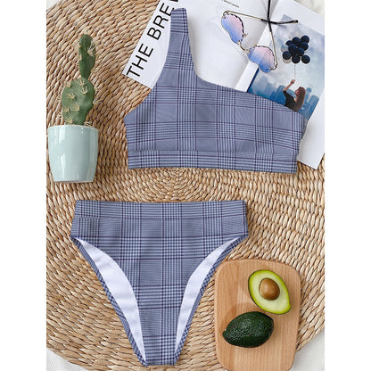 Blue Prince of Wales Check Print One Shoulder Bikini Top