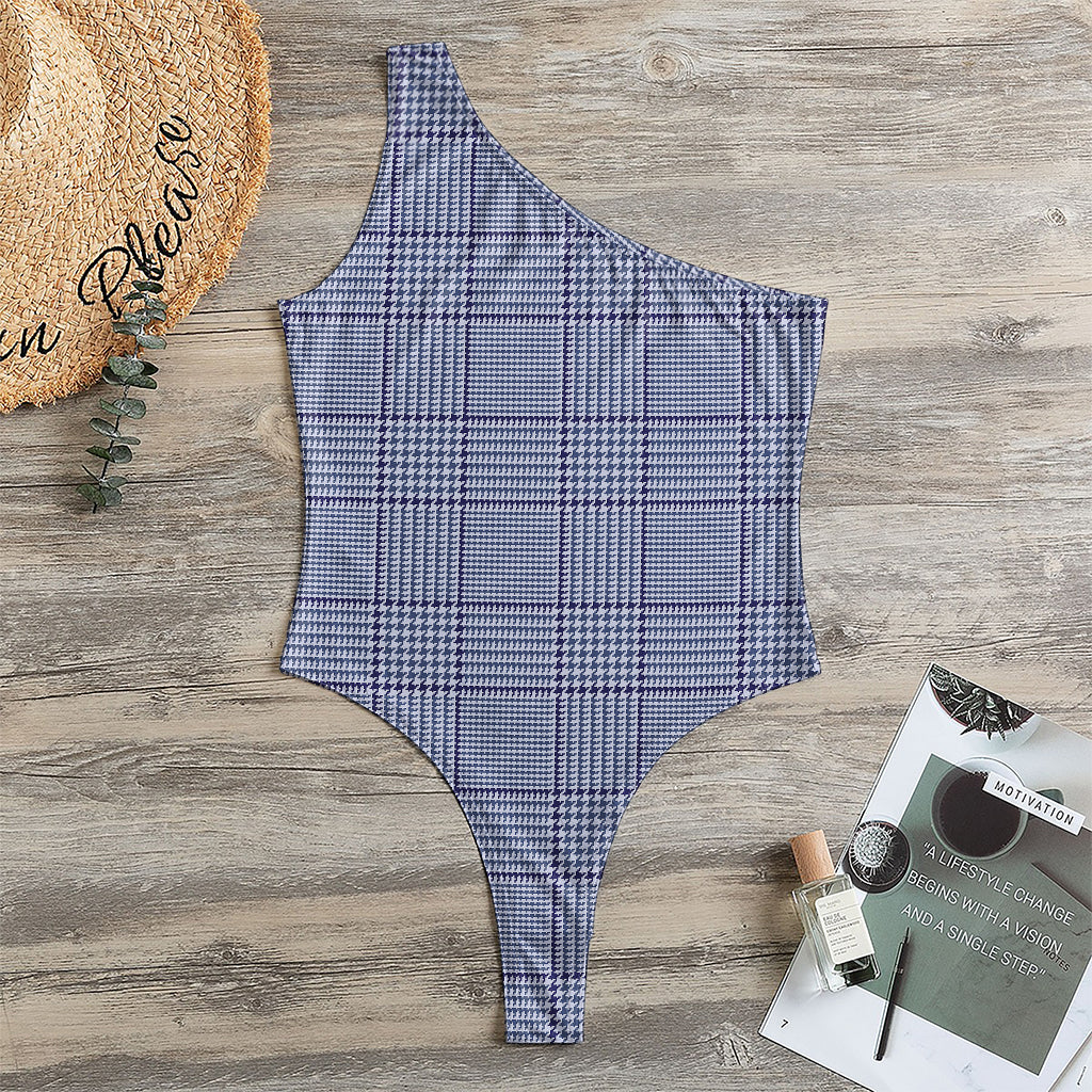 Blue Prince of Wales Check Print One Shoulder Bodysuit