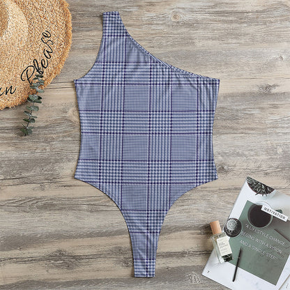 Blue Prince of Wales Check Print One Shoulder Bodysuit