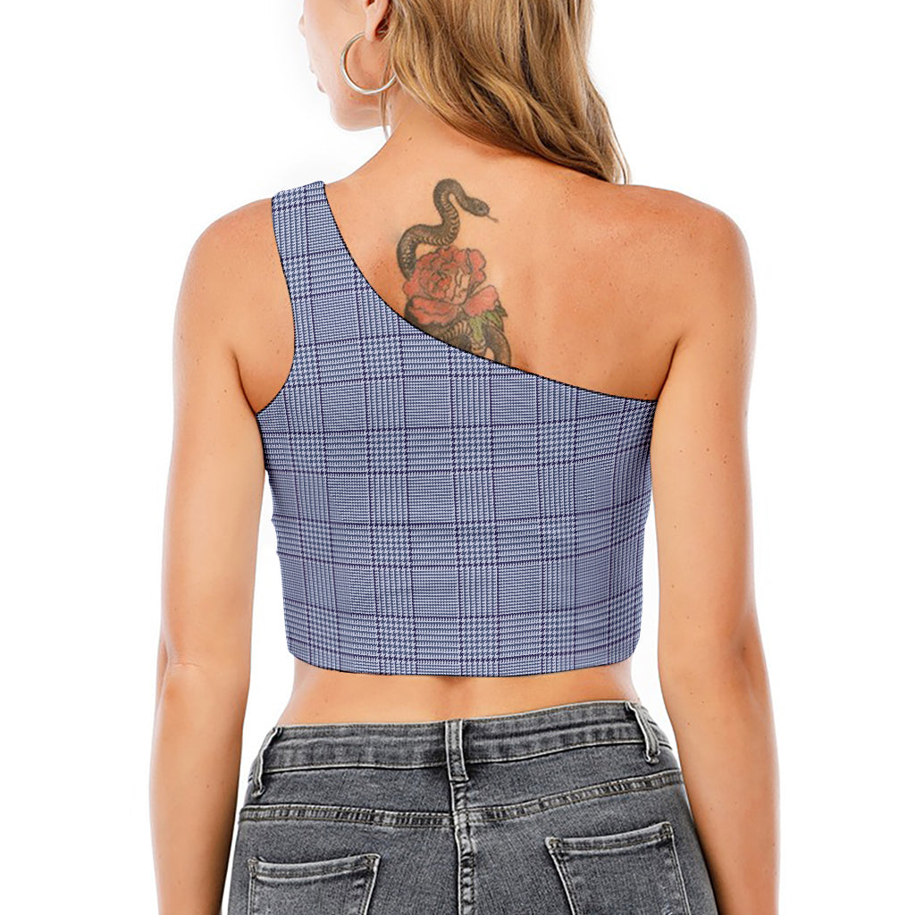 Blue Prince of Wales Check Print One Shoulder Crop Top