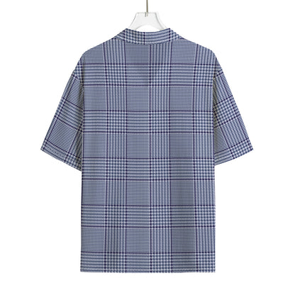 Blue Prince of Wales Check Print Rayon Hawaiian Shirt