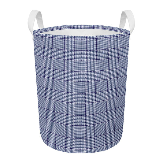 Blue Prince of Wales Check Print Round Laundry Basket