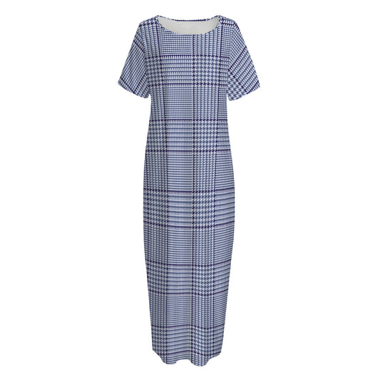 Blue Prince of Wales Check Print Short Sleeve Long Nightdress