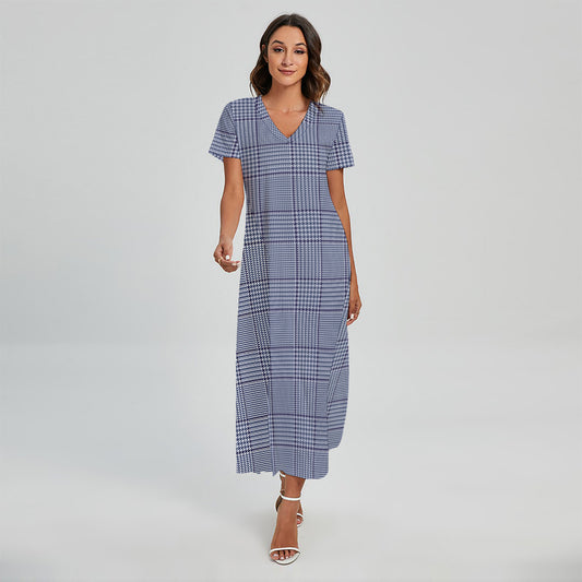 Blue Prince of Wales Check Print Short Sleeve Maxi Dress