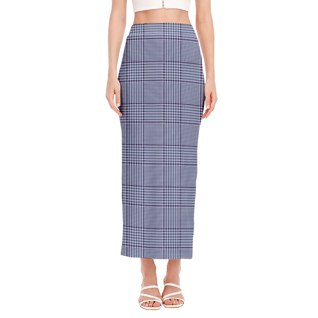 Blue Prince of Wales Check Print Side Slit Maxi Skirt