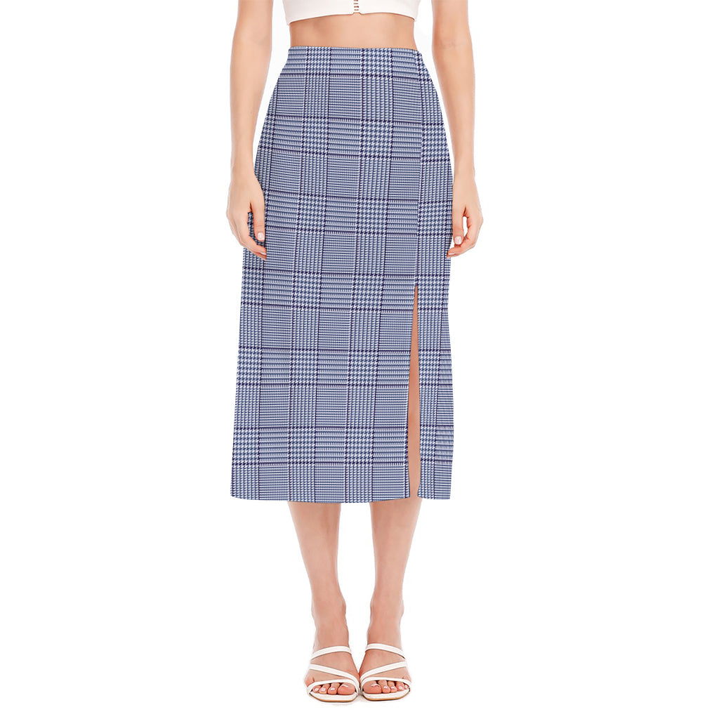 Blue Prince of Wales Check Print Side Slit Midi Skirt