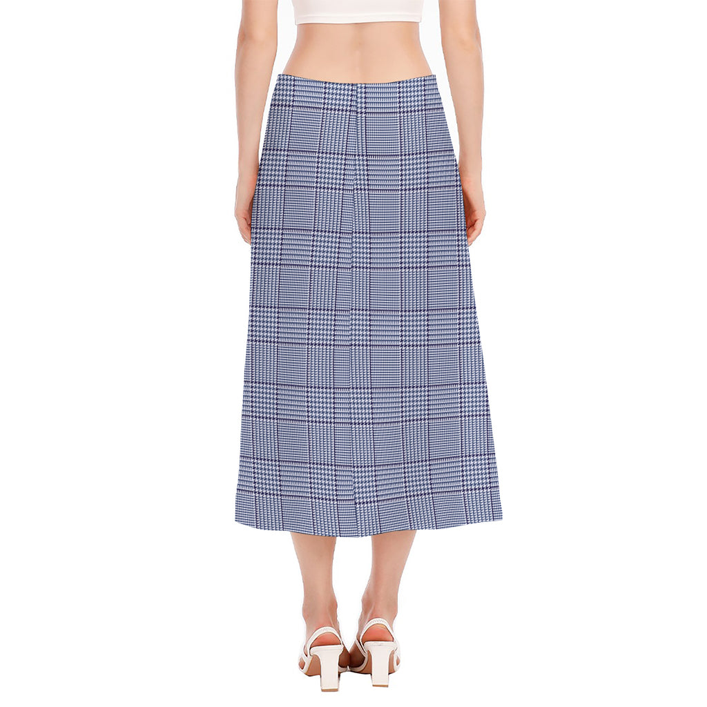 Blue Prince of Wales Check Print Side Slit Midi Skirt
