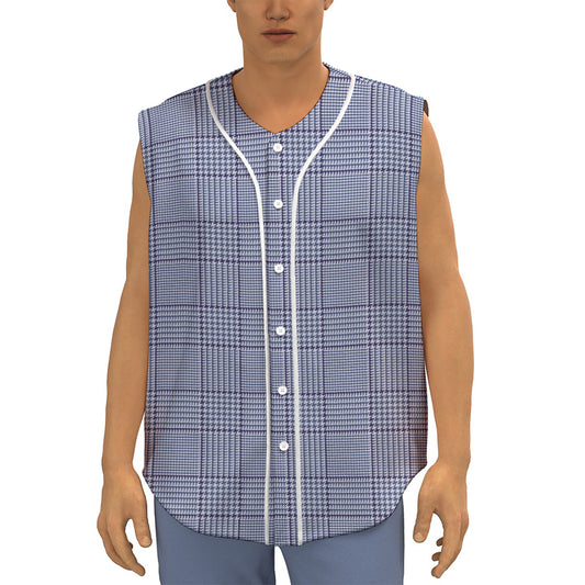 Blue Prince of Wales Check Print Sleeveless Baseball Jersey