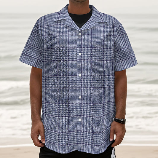 Blue Prince of Wales Check Print Textured Short Sleeve Shirt