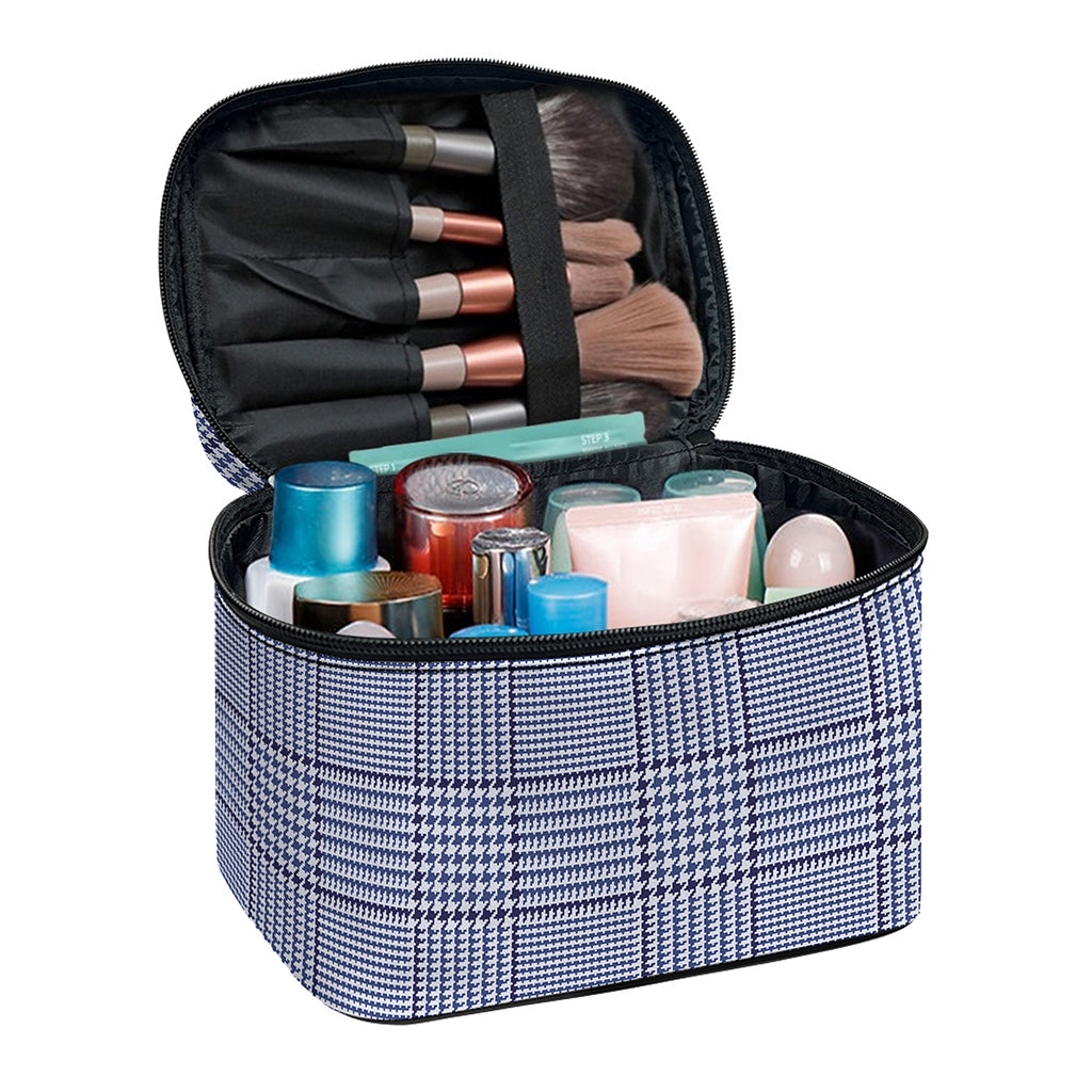 Blue Prince of Wales Check Print Travel Makeup Bag