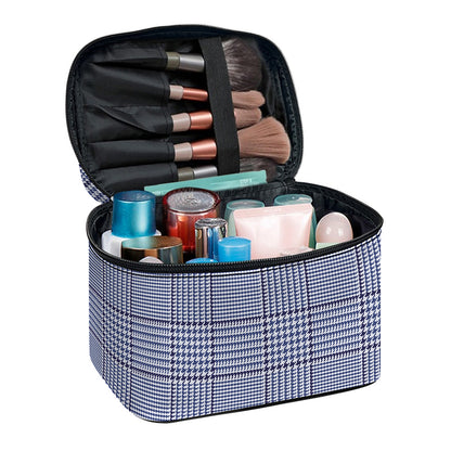Blue Prince of Wales Check Print Travel Makeup Bag