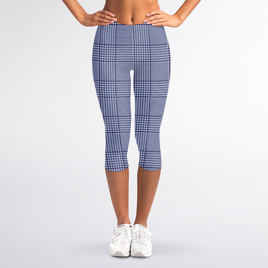 Blue Prince of Wales Check Print Women's Capri Leggings
