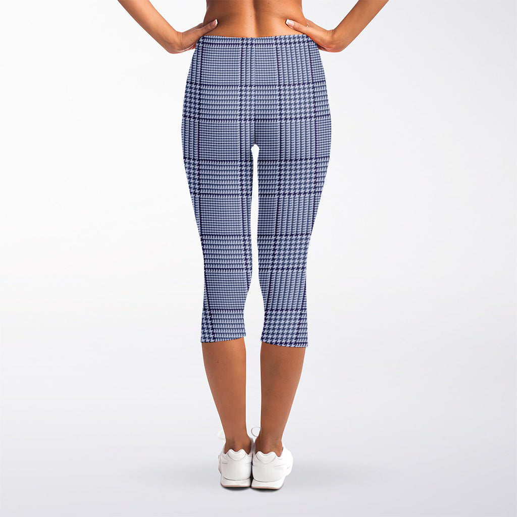 Blue Prince of Wales Check Print Women's Capri Leggings