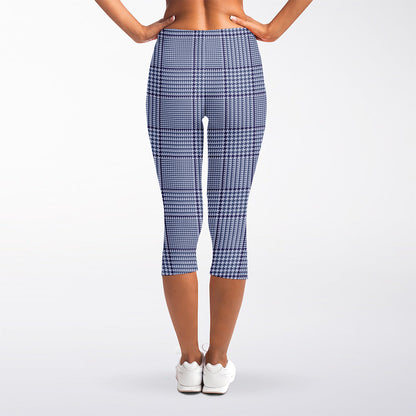 Blue Prince of Wales Check Print Women's Capri Leggings