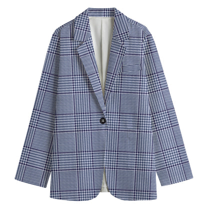 Blue Prince of Wales Check Print Women's Cotton Blazer