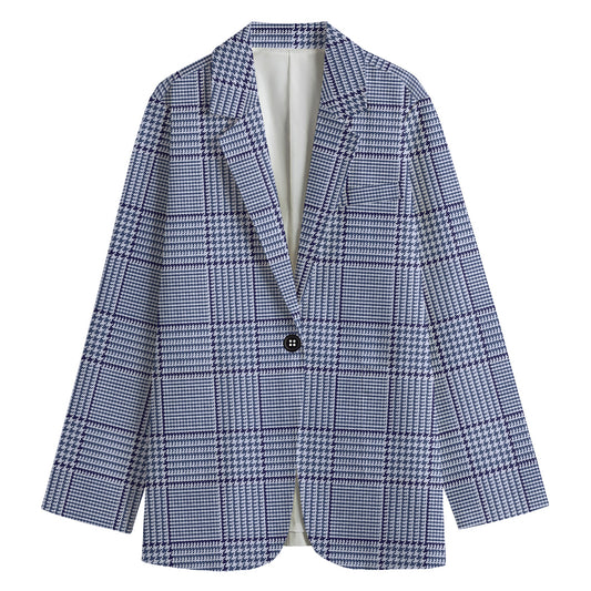 Blue Prince of Wales Check Print Women's Cotton Blazer
