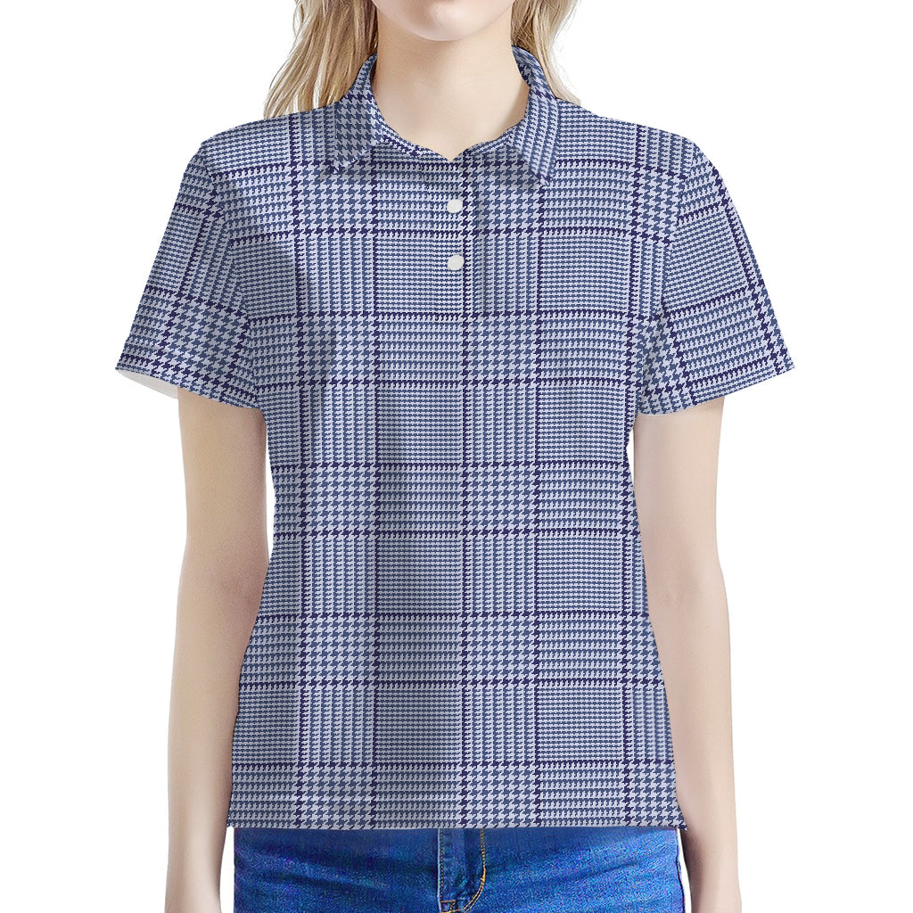 Blue Prince of Wales Check Print Women's Polo Shirt