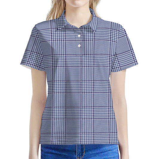 Blue Prince of Wales Check Print Women's Polo Shirt