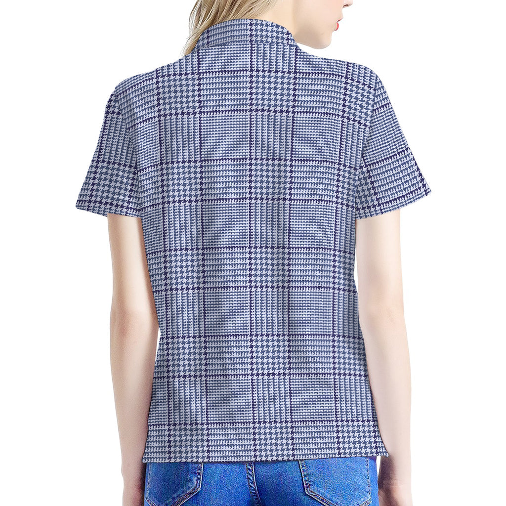 Blue Prince of Wales Check Print Women's Polo Shirt
