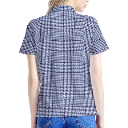 Blue Prince of Wales Check Print Women's Polo Shirt