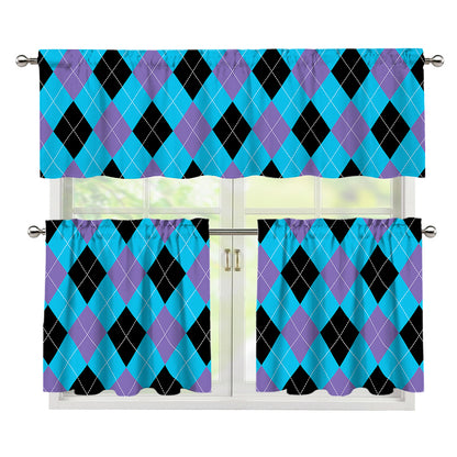 Blue Purple And Black Argyle Print 3 Piece Kitchen Curtains