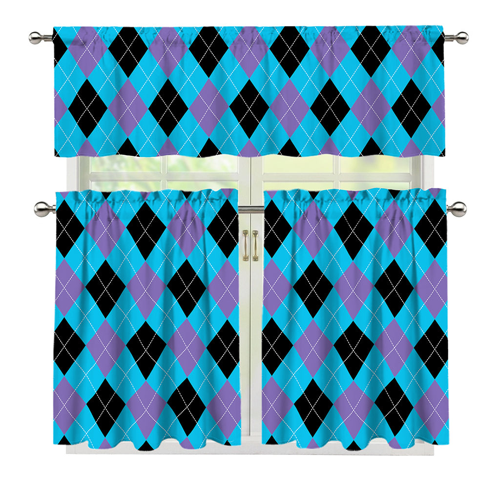 Blue Purple And Black Argyle Print 3 Piece Kitchen Curtains