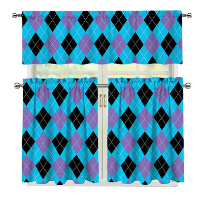 Blue Purple And Black Argyle Print 3 Piece Kitchen Curtains