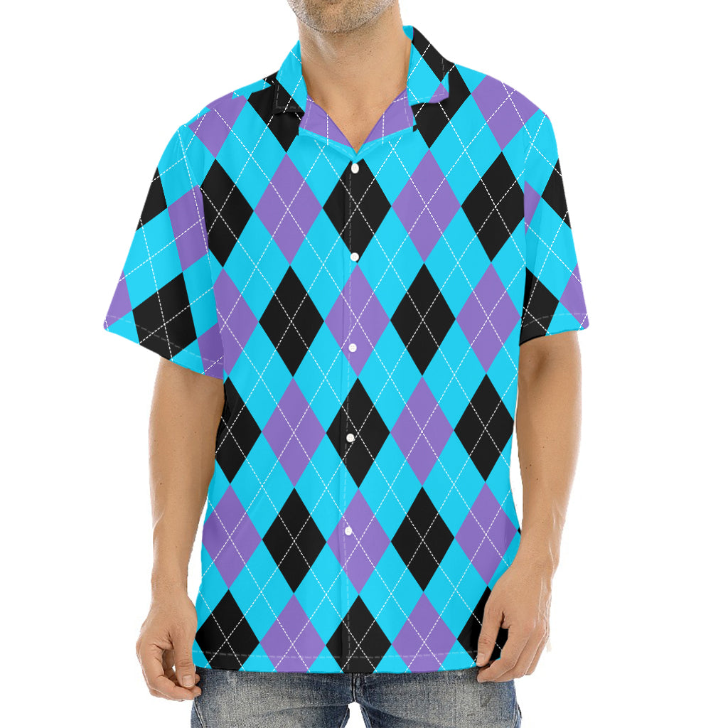 Blue Purple And Black Argyle Print Aloha Shirt