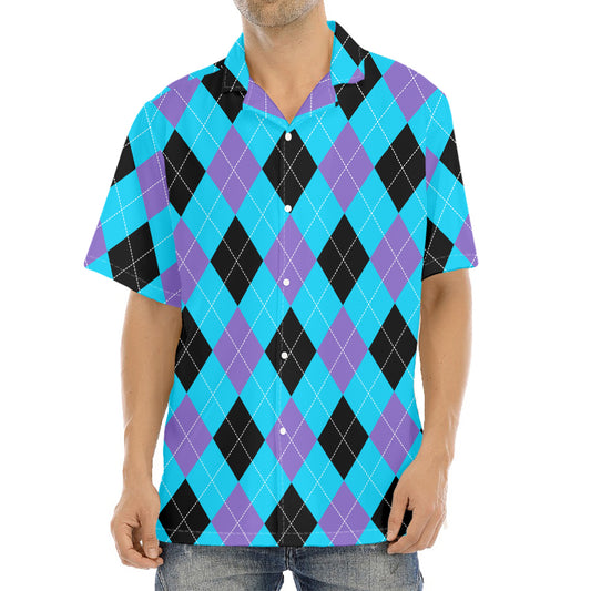 Blue Purple And Black Argyle Print Aloha Shirt