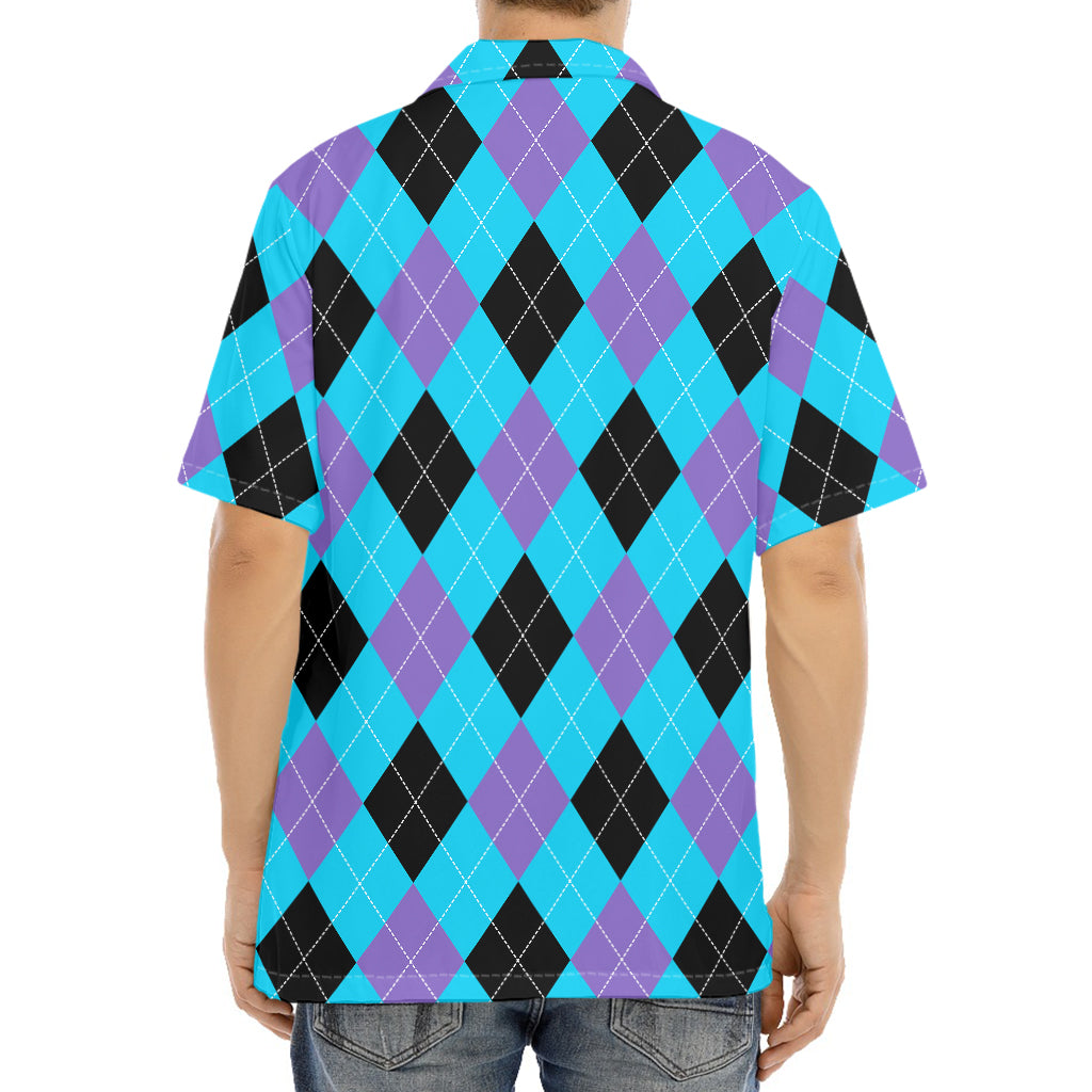 Blue Purple And Black Argyle Print Aloha Shirt