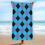 Blue Purple And Black Argyle Print Beach Towel
