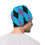 Blue Purple And Black Argyle Print Beanie