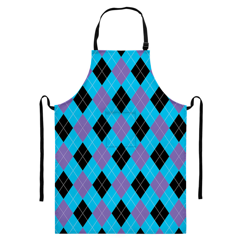 Blue Purple And Black Argyle Print Bib Apron With Pocket