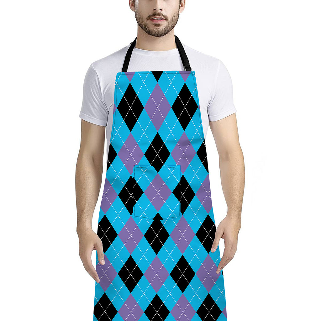 Blue Purple And Black Argyle Print Bib Apron With Pocket